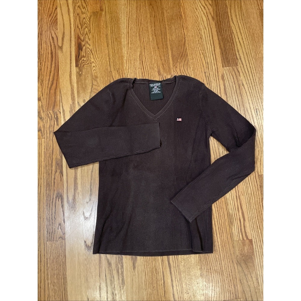 Y2K Ralph Lauren Polo Jeans Co Women's Brown V-Neck Sweater Large Bella Swan